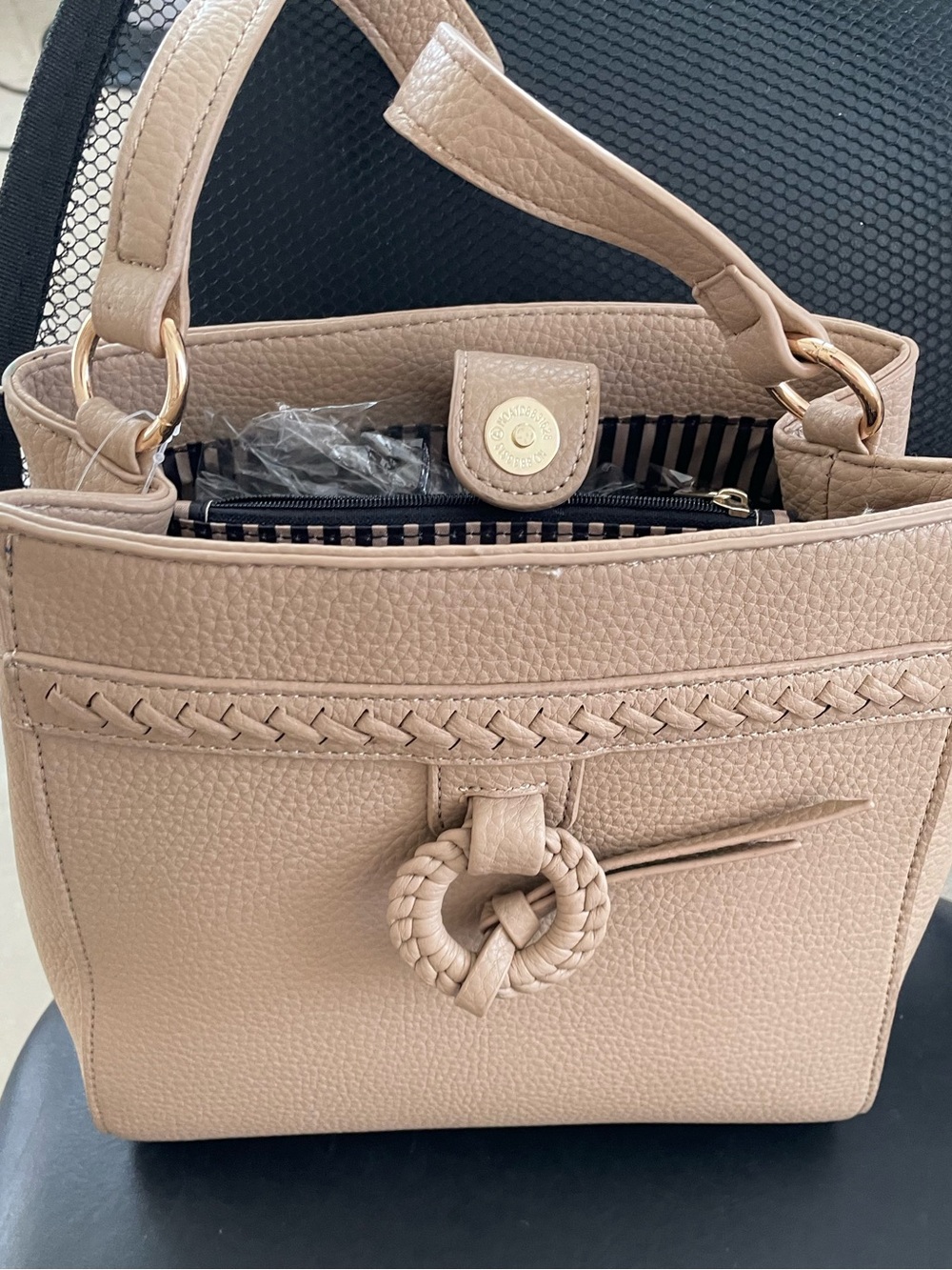 Bakers Taupe Pebbled Leather Tote with Braided Accent